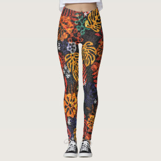 Exotiskt löv på denim, sömlös utskrift. leggings