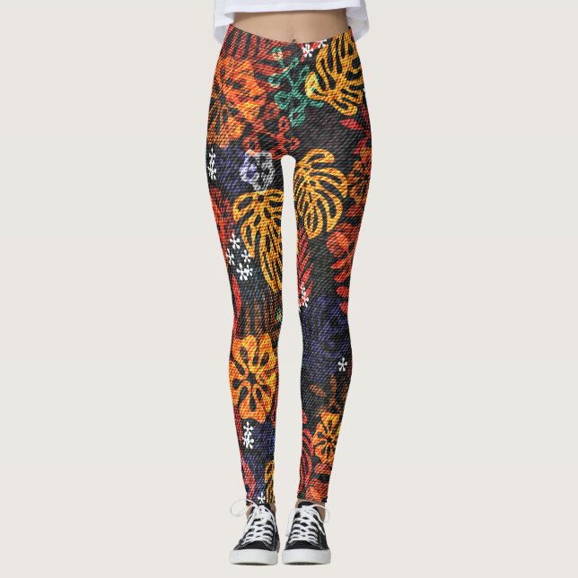Exotiskt löv på denim, sömlös utskrift. leggings (Framsida)