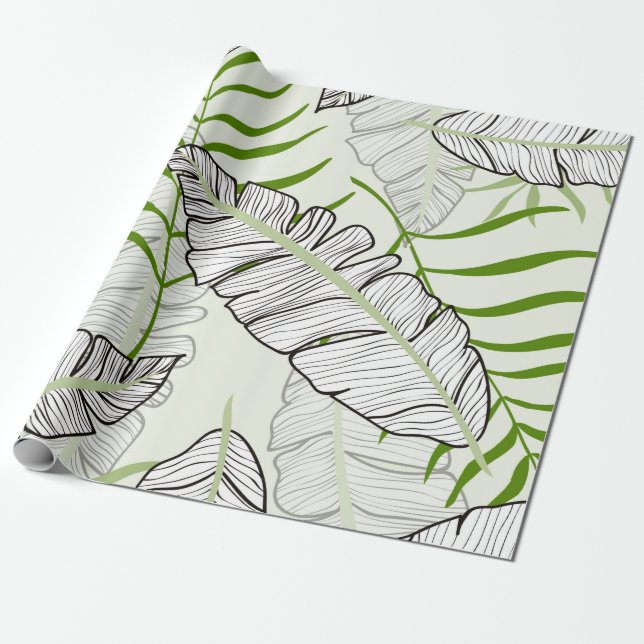 Exotiskt löv på gröntens bakgrund. Tropisk patt Presentpapper (Utrullad)