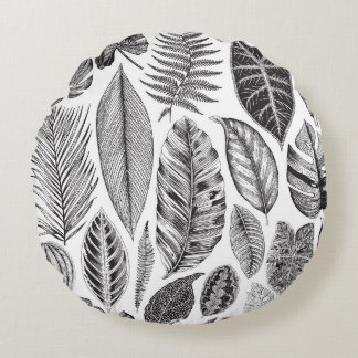 Exotiskt löv, vintagens blommigt svart och vit. rund kudde