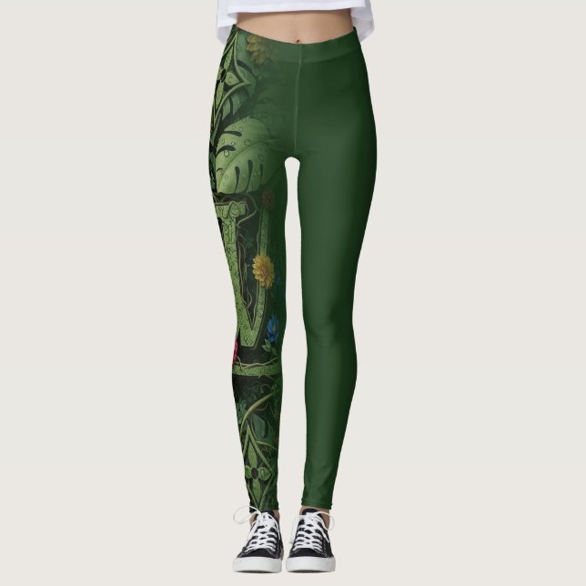 Exotiskt Skogsblommigt Monogram Estetiskt Omslag Leggings (Framsida)
