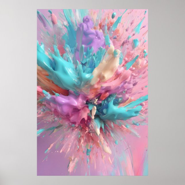 Exploderande Paint Abstrakt Rosa Turcouise Lilac Poster (Framsidan)