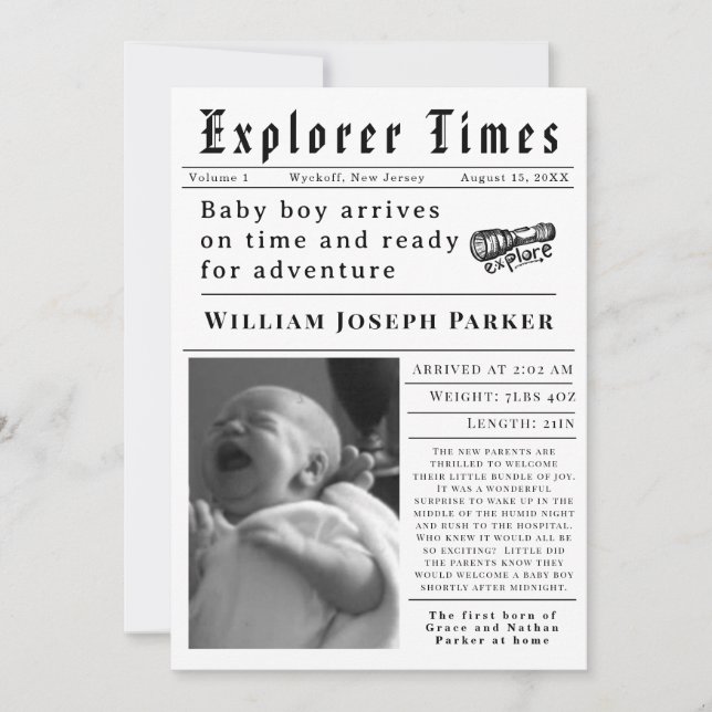 Explorer Times Newborn Birth Meddelande (Framsida)