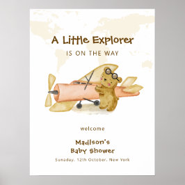 Explorer World Map Airplane Baby Shower Welcome Poster
