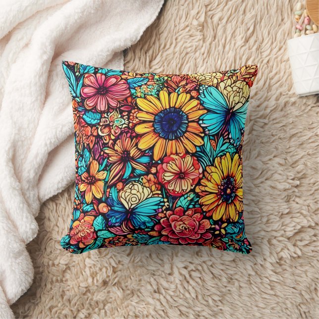 Explosion av kraftig Blommigt Doodle Kudde (Filt)