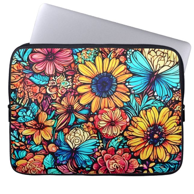 Explosion av kraftig Blommigt Doodle Laptop Fodral (Framsidan)