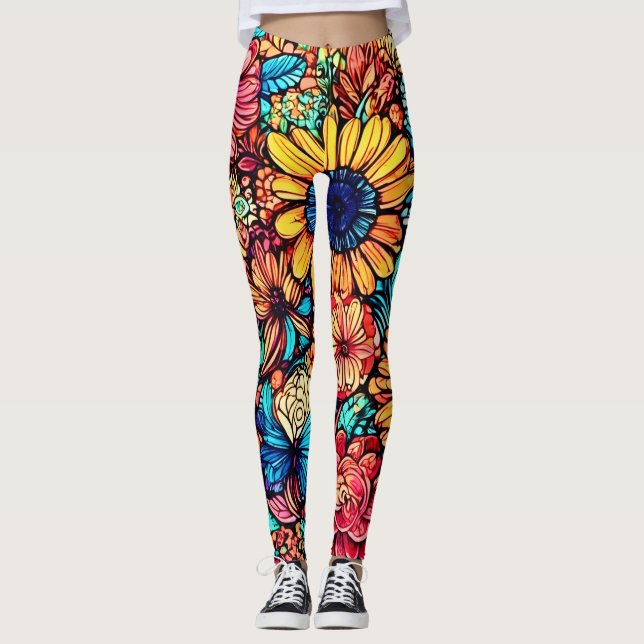 Explosion av kraftig Blommigt Doodle Leggings (Framsida)