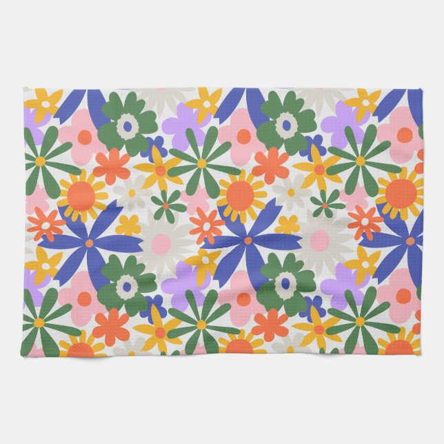Explosion av primära Färg-blommor i lycklig Kökshandduk (Horisontell)