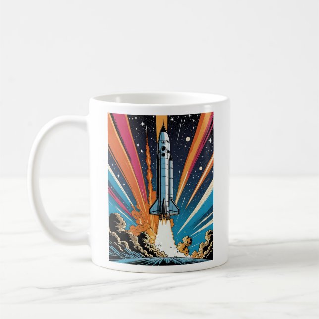 Explosiv Retro Rocket Launch Tecknad Stil T Shirt Kaffemugg (Vänster)