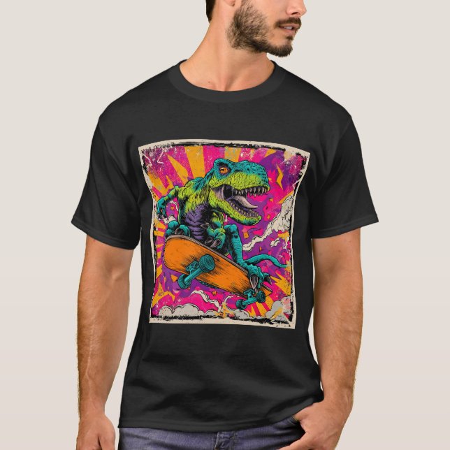 Explosive Comic T-Rex Skate Jump T Shirt (Framsida)