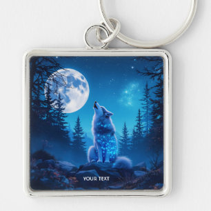 Exposition av Fantasy Cute Varg Dubbla Fyrkantig Silverfärgad Nyckelring