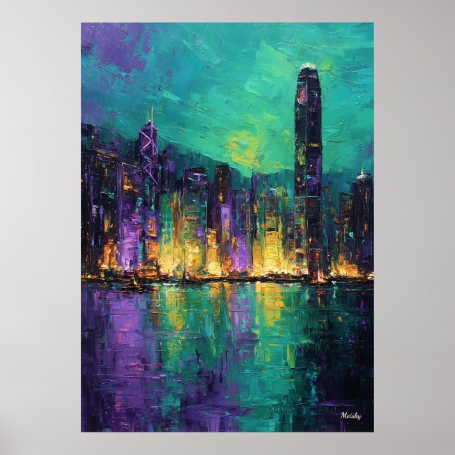 Expressionist Hong Kong Skyline Neon Harbor City Poster (Framsidan)