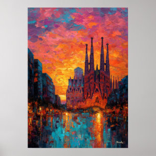Expressionistisk Barcelona Siluett Vibrerande Stad Poster