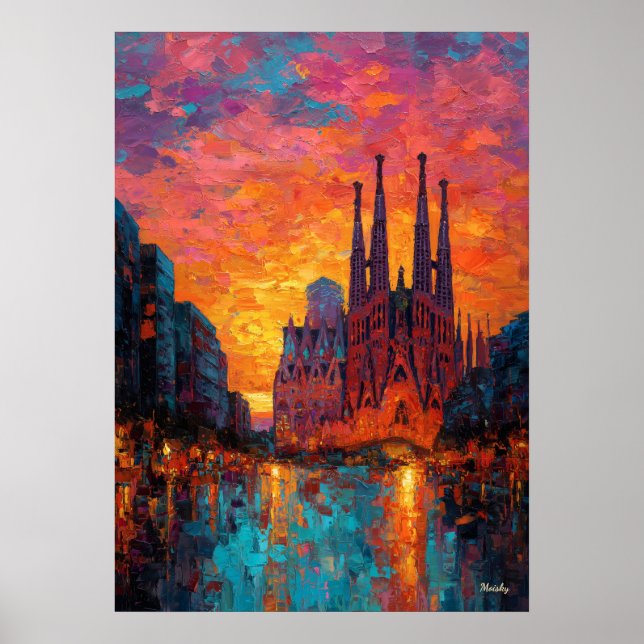 Expressionistisk Barcelona Siluett Vibrerande Stad Poster (Framsidan)