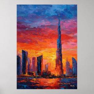 Expressionistisk Dubai-silhuett livfull modern sta Poster
