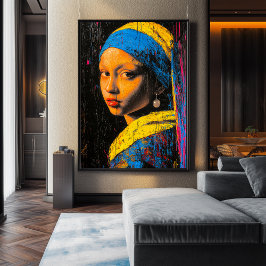 Expressionistisk flicka med pärlörhänge - djärv ko poster