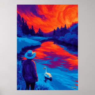 Expressionistisk flod solnedgång kontemplation kon poster