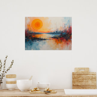 Expressionistisk hamn solnedgång stadslandskap poster