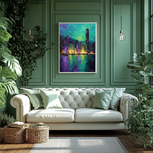 Expressionistisk Hongkongs Skyline Neon Hamn Stad Poster