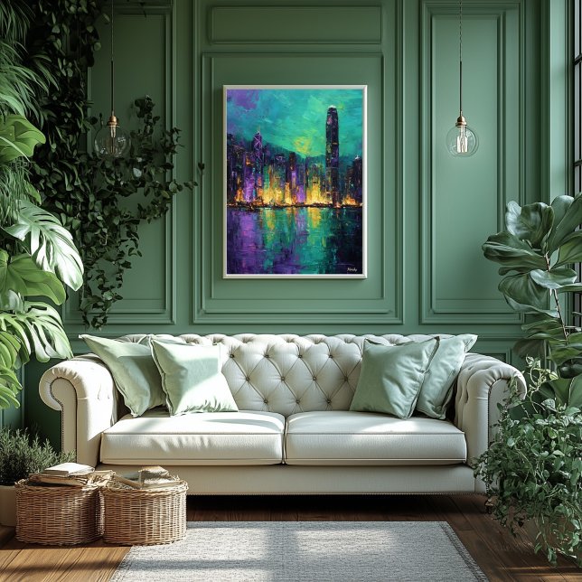 Expressionistisk Hongkongs Skyline Neon Hamn Stad Poster (Skapare uppladdad)