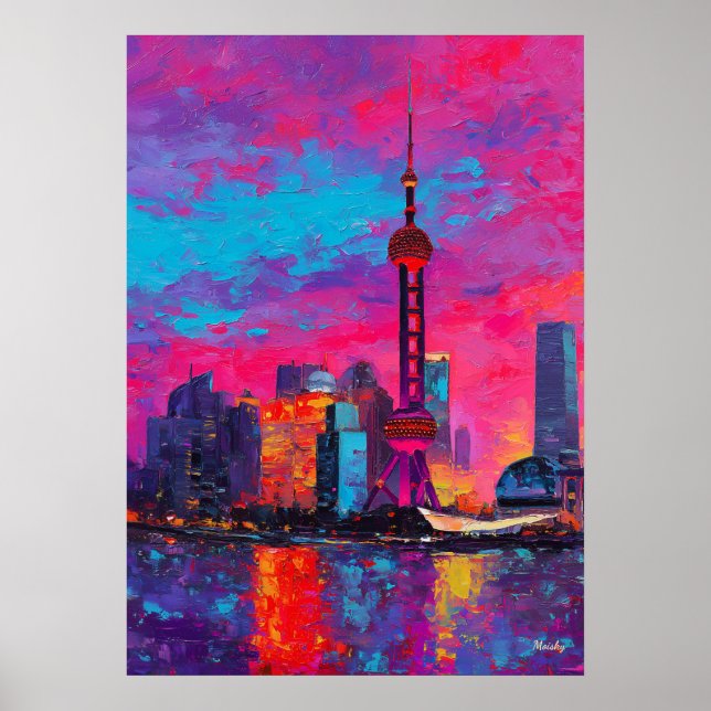 Expressionistisk Shanghai Skyline Färgrik Urban St Poster (Framsidan)