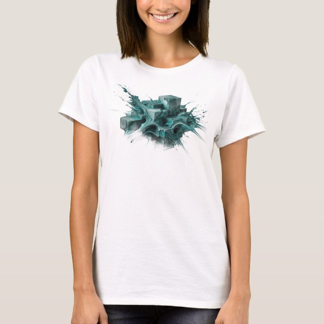 Expressiv Teal Abstrakt Kub Designer Grafik T Shirt (Framsida)