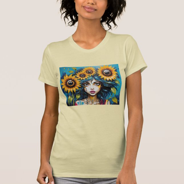 Expressive Girl's Face With Sunflowers T Shirt (Framsida)