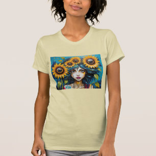 Expressivt flickans ansikte med solrosor t shirt