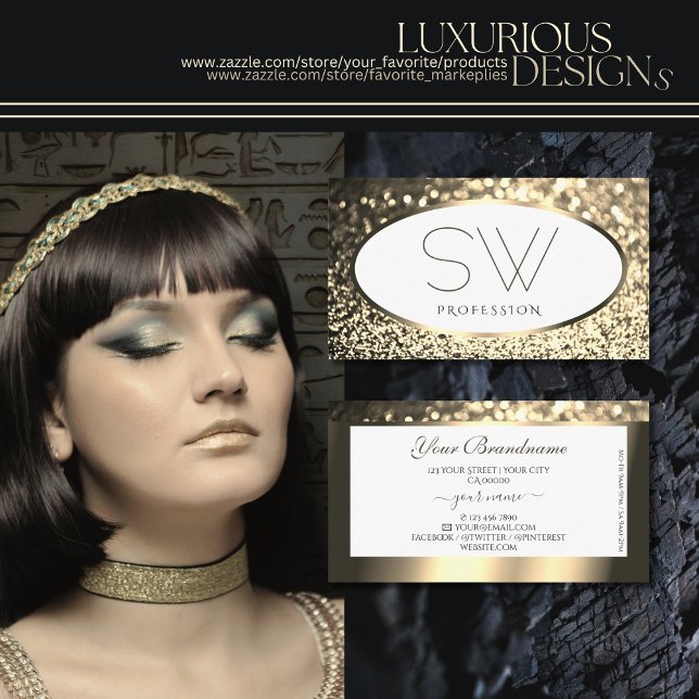 Exquim Guld Sparkling Glitter White Monogram Visitkort (Skapare uppladdad)