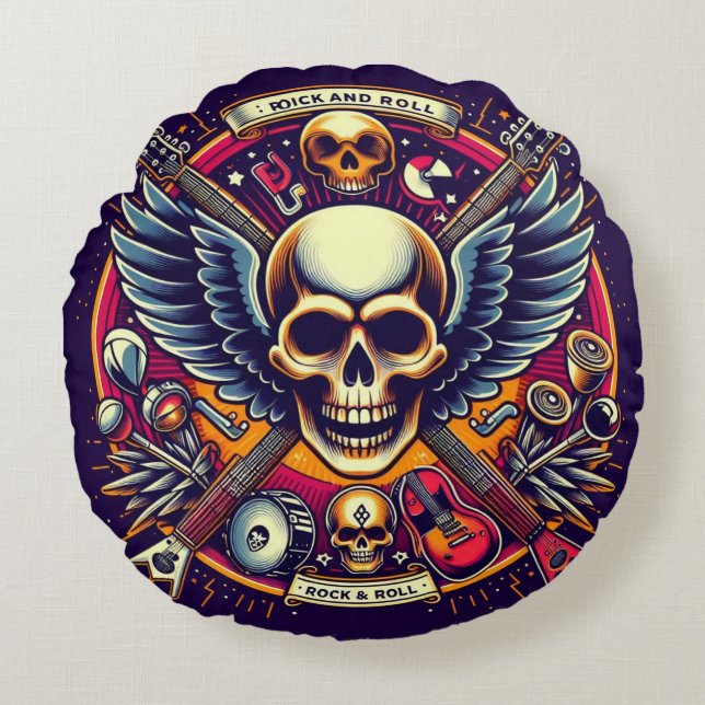 Exquim Skull och Bones Traditional Artistry 🎨 Rund Kudde (Framsidan)