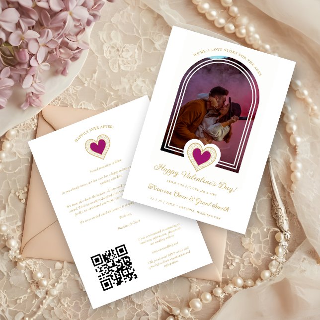 Exquisite Arch Romantic Luxury Lace Hot Pink Heart Spara Datumet (Exquisite Arch Effect Romantic Luxury Lace Hot Pink Heart Photo Valentine's Day Card.)