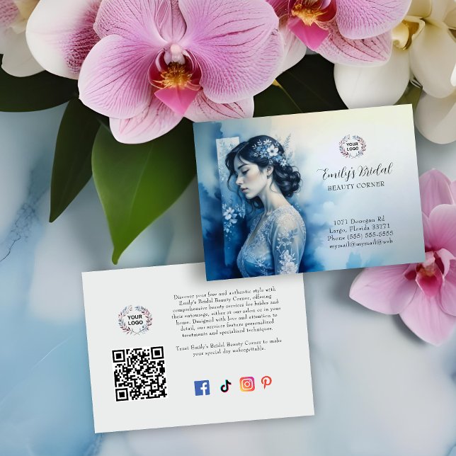 Exquisite Beautiful Bride In Blue Bridal Business Visitkort (Exquisite Beautiful Bride In Blue For Bridal Business with QR Code and Network Icons Business Cards.)
