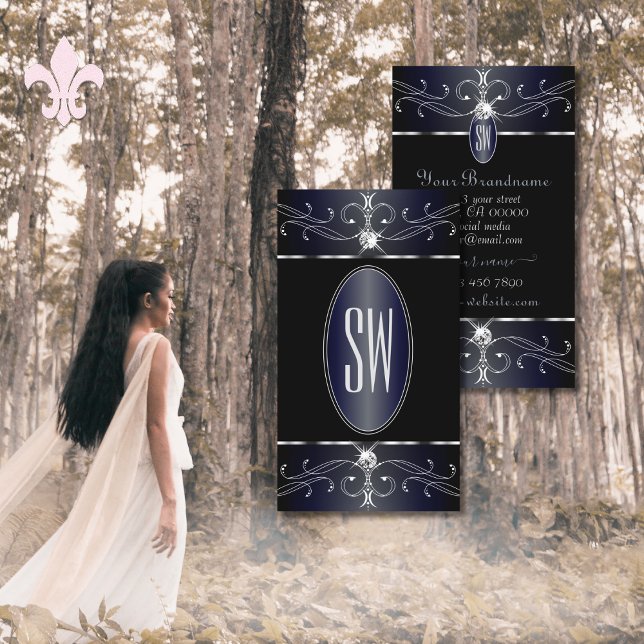 Exquisite Black and Blue Ornate Ornaments Initiale Visitkort (Skapare uppladdad)