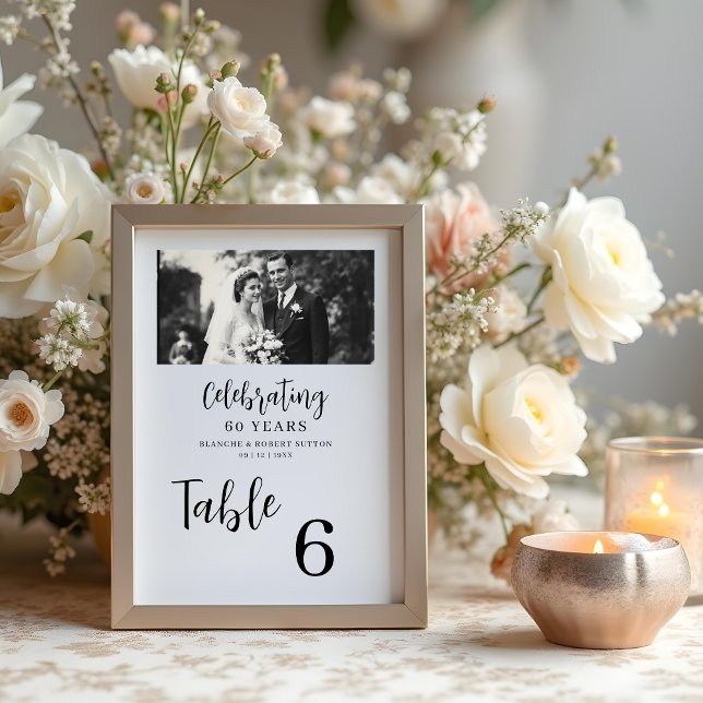 Exquisite Black White Elegant Wedding Anniversarie Bordsnummer (Exquisite Black & White Elegant Wedding Anniversarie 2 Photos Table Numbers Cards.)