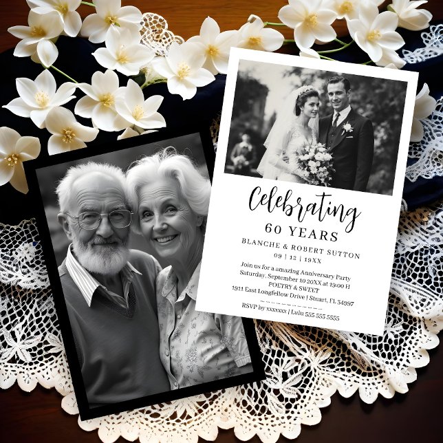 Exquisite Black White Elegant Wedding Anniversarie Inbjudningar (Exquisite Black & White Elegant Wedding Anniversarie 2 Photos Invitations Cards.)