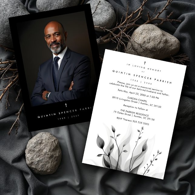 Exquisite Black & White Overlapping Leaves flowers Inbjudningar (Exquisite Black & White Overlapping Leaves & Flowers Memorial Invitations Cards with Back Photo.)