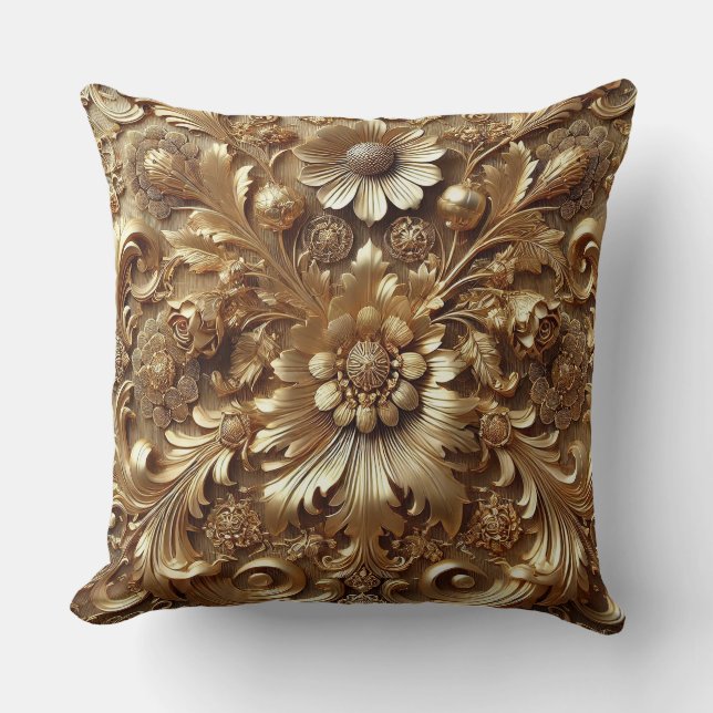 Exquisite Blommigt Motif in Luxurious Golden Baroq Kudde (Framsida)