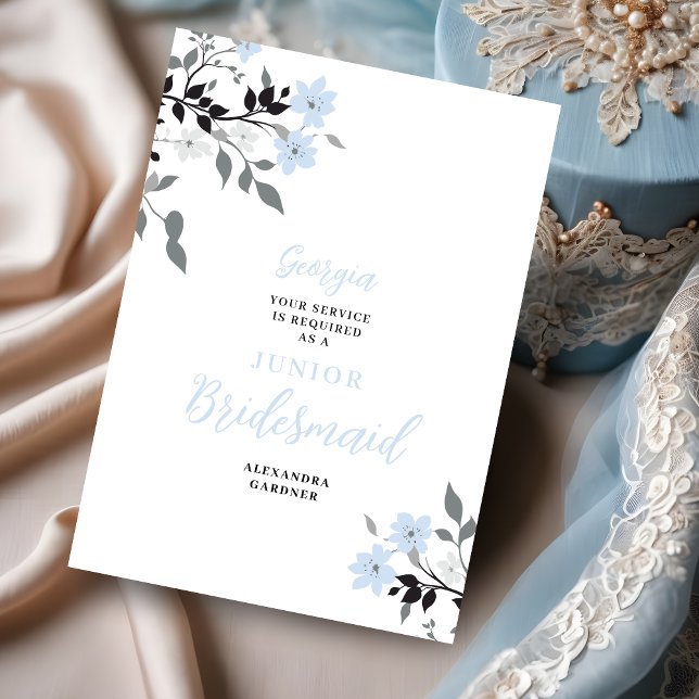 Exquisite Blue Floral Bunch Wedding Jr Bridesmaid Inbjudningar (Exquisite Sophisticated Blue Floral Bunch Wedding Junior Bridesmaid Proposal Card.)