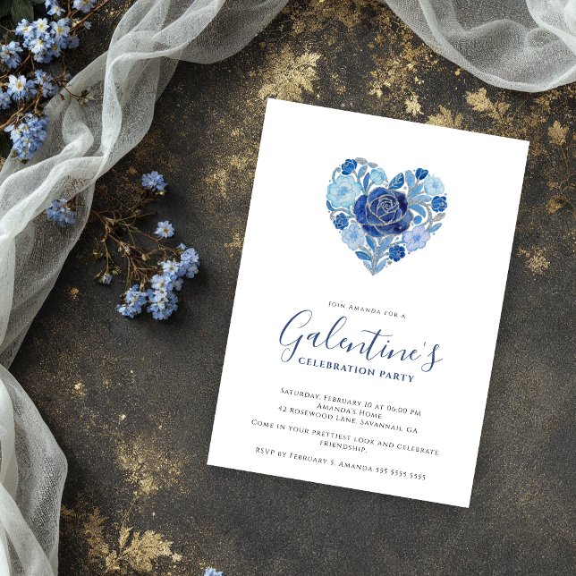 Exquisite Blue Floral Heart Galentine's Day Party  Inbjudningar (Exquisite Floral Heart Galentine's Day Party Invitation Cards for Your Best Friends in Blue Shades.)