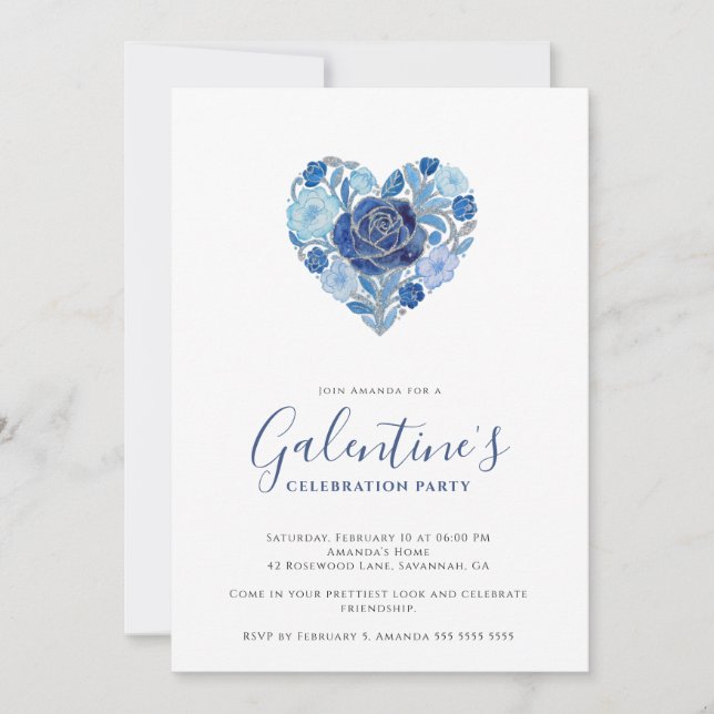 Exquisite Blue Floral Heart Galentine's Day Party  Inbjudningar (Framsida)