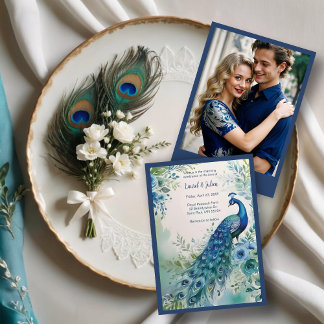 Exquisite Blue & Green Peacock Watercolor Photo Inbjudningar