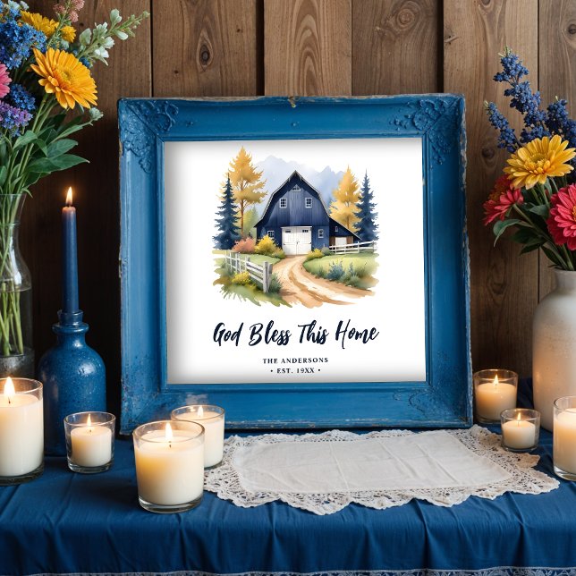 Exquisite Blue Rustic Barn Classic Farmhouse Stil Poster (Exquisite Blue Rustic Barn Classic Farmhouse Style Square Posters with Personalized Family Name)