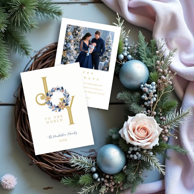 Exquisite Blue Tones & Faux Gold Christmas Wreath Julkort (Exquisite Blue Tones and Faux Gold Christmas Wreath Holiday Cards with Back Photo.)