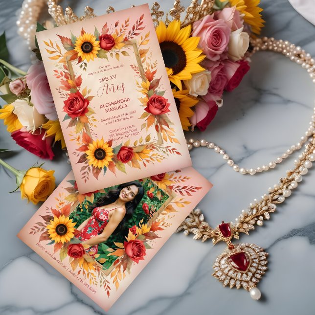 Exquisite Botanical Floral Frame Spanish Photo XVs Inbjudningar (Exquisite Botanical Floral Frame Spanish Photo Mis XV Invitations Cards.)