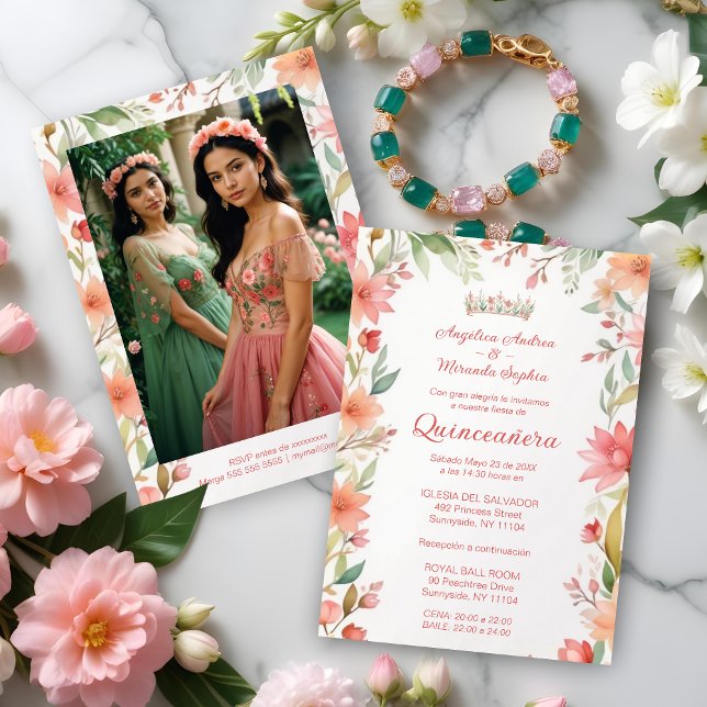 Exquisite Botanical Frame Quinceañera Twins Photo Inbjudningar (Spanish Exquisite Spring Botanical Frame Quinceañera Twins Photo Invitations Cards with Tiara)
