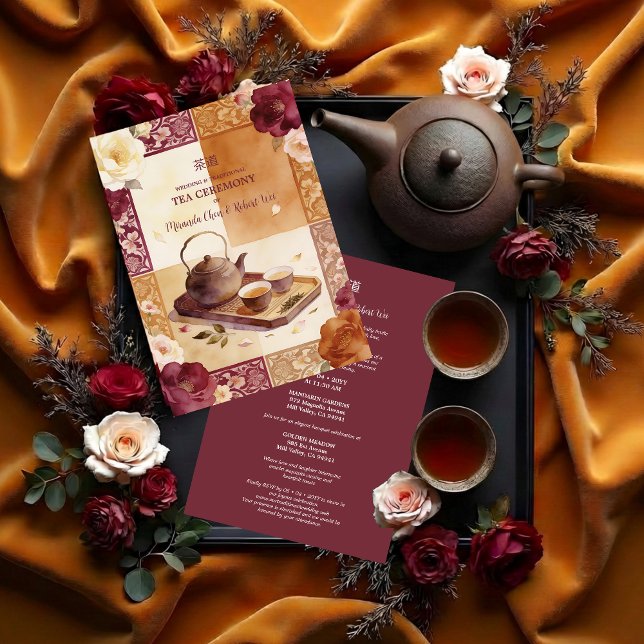 Exquisite Burgundy Oriental Tea Ceremony Wedding Inbjudningar (Exquisite Burgundy Traditional Floral Chinese Tea Ceremony and Wedding Invitation Design.)