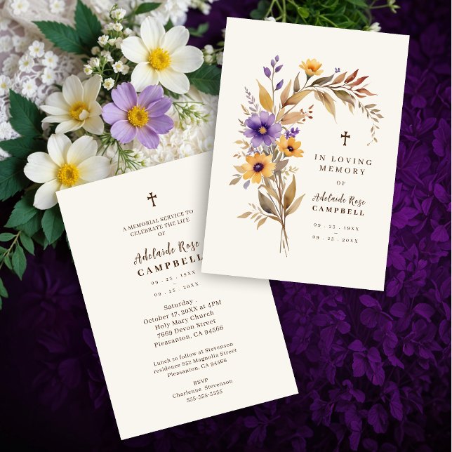 Exquisite Cherish Purple & Yellow Floral Bouquet  Inbjudningar (Exquisite Cherish Purple & Yellow Floral Bouquet Funeral Dear Ones Invitations Cards.)