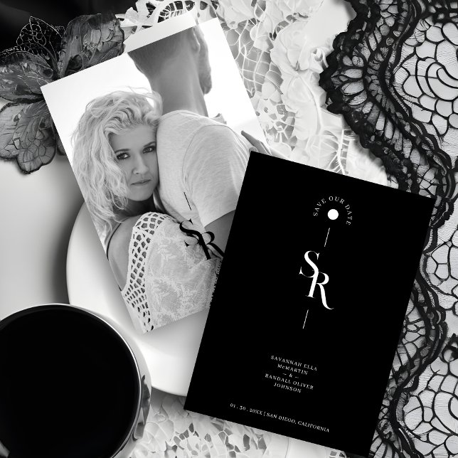 Exquisite Chic Minimalist Black Wedding Initials Spara Datumet (Exquisite Chic Minimalist Black & White Wedding Initials Photo Save the Date Card with Envelope.)