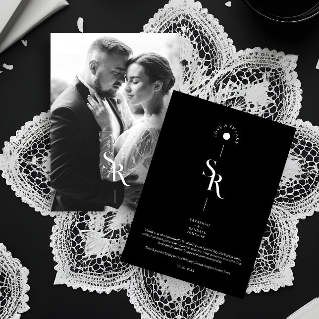Exquisite Chic Minimalist Black Wedding Initials Tack Kort (Exquisite Chic Minimalist Black & White Wedding Initials Photo Thank You Card with Envelope.)