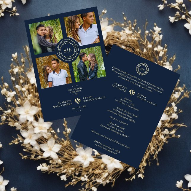 Exquisite Chic Navy Blue & Gold Initials 4 Photos  Inbjudningar (Navy Blue & Fake Gold Minimal Initials Simple Fancy 4 Multi Photos Collage Wedding Invitation.)
